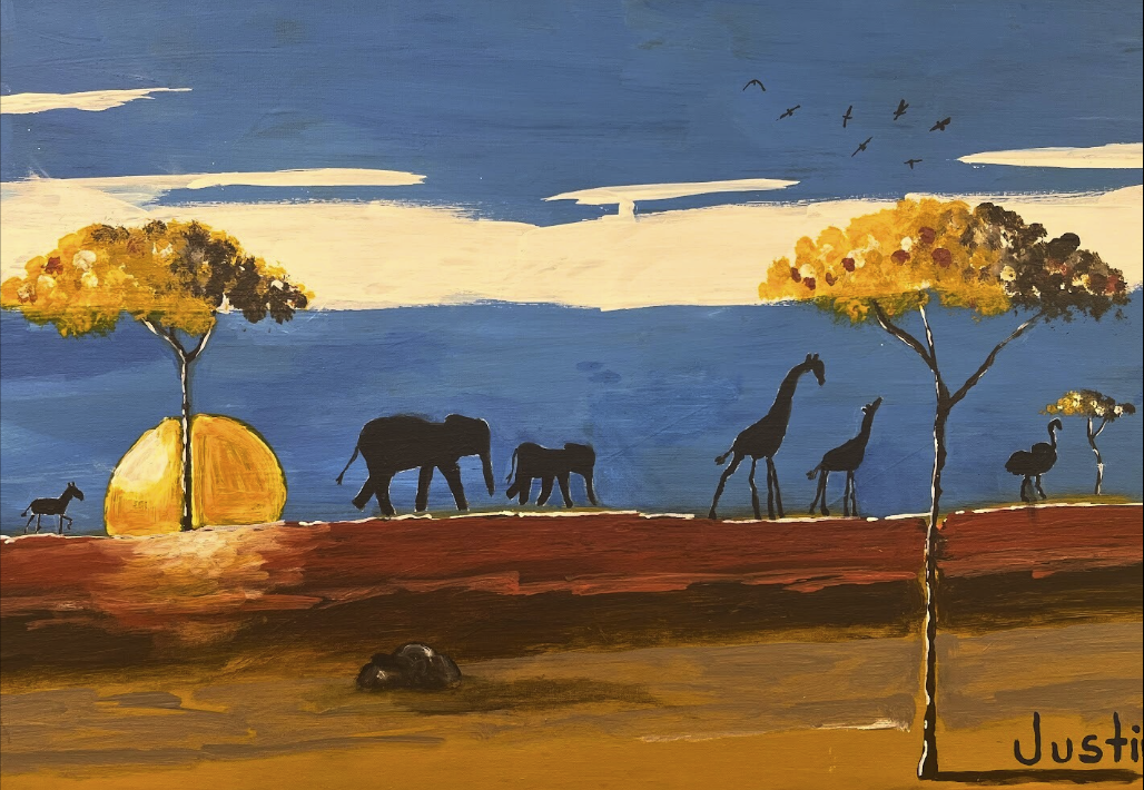 An acrylic painting of a safari scene.
